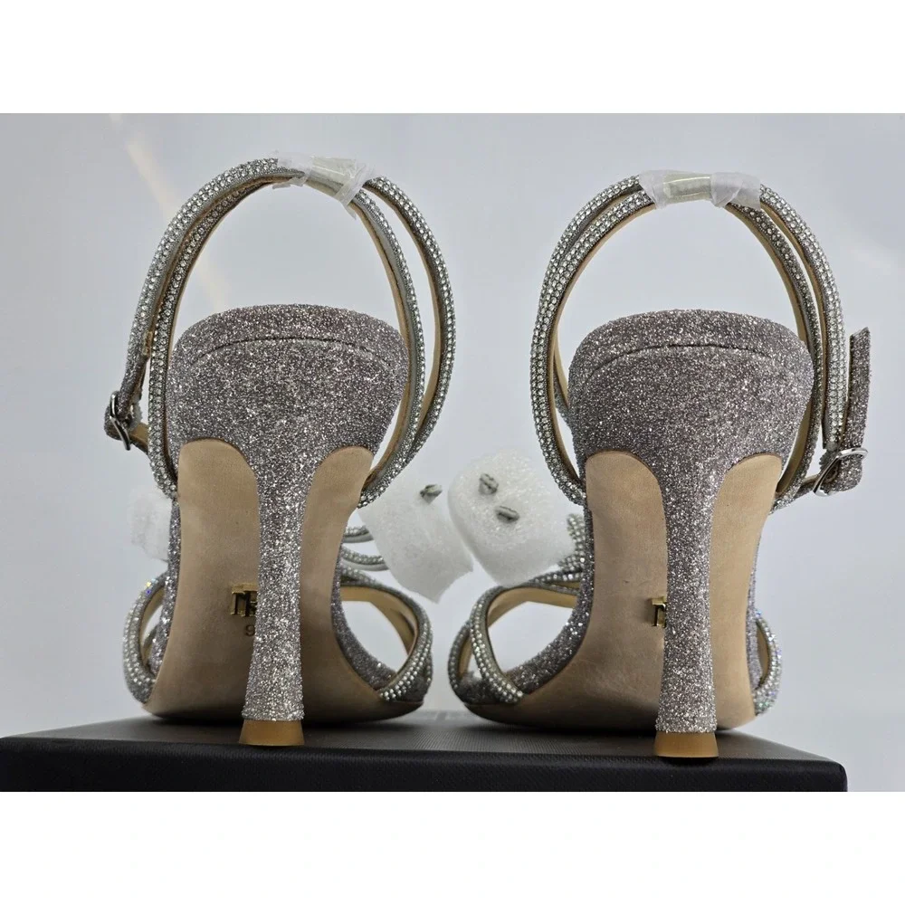 Badgley Mischka Effie Bow Stiletto Heel Sandals Women's Silver Antique Sz 9 NIB